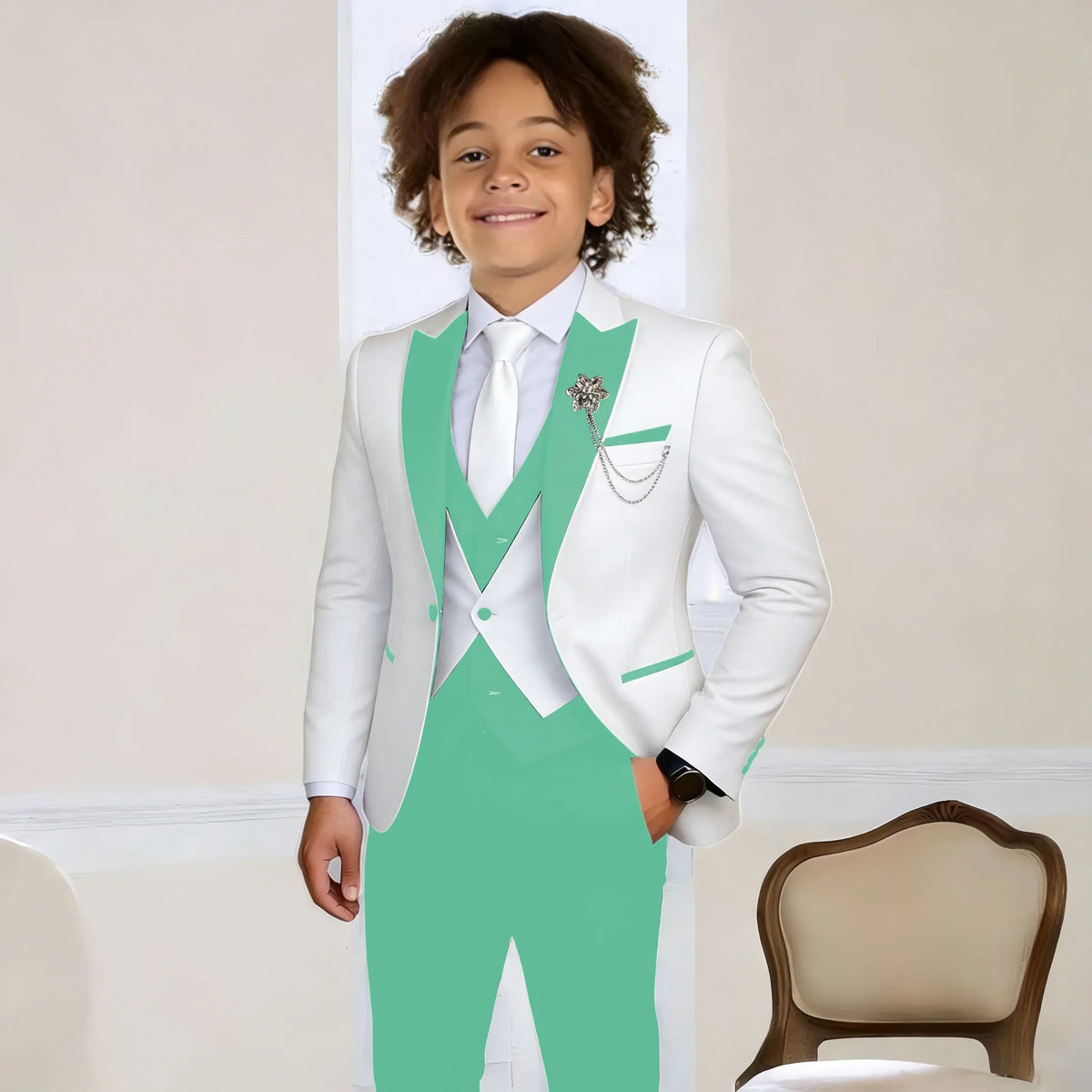 White Suit for Boys Fashion Formal Flower Boys Wedding Tuxedos 3-Piece Set (Jacket Pants Vest) Party Slim Fit Suit Kids Clothes