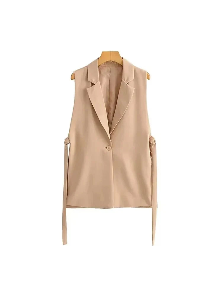 Women Fashion With Taps Side Vents Waistcoat Vintage Sleeveless Front Button Female Outerwear Chic Vest Tops