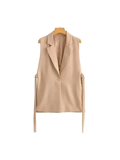 Women Fashion With Taps Side Vents Waistcoat Vintage Sleeveless Front Button Female Outerwear Chic Vest Tops