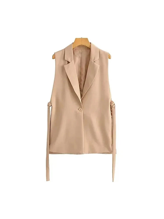 Women Fashion With Taps Side Vents Waistcoat Vintage Sleeveless Front Button Female Outerwear Chic Vest Tops