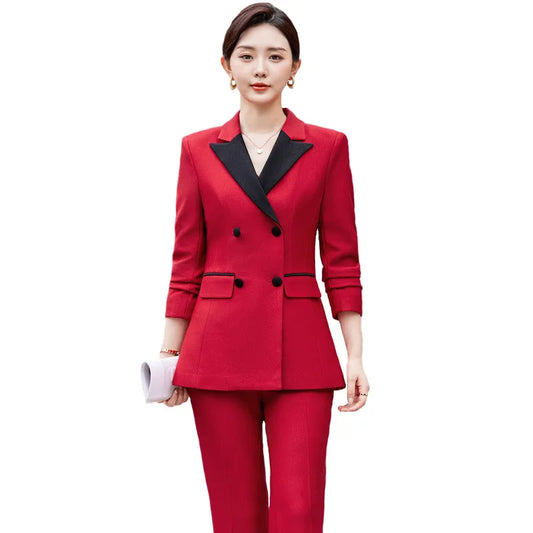 2024 Elegant Red Black Women Pant Suit Office Ladies Female Business Work Wear 2 Piece Set Formal Blazer Jacket And Trouser