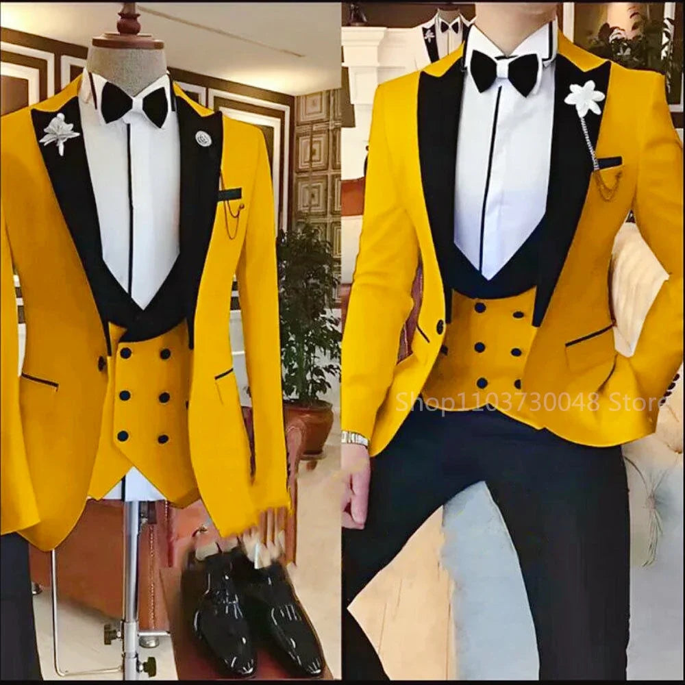 Latest Solid Formal Men's Wedding Suit Slim Fit Elegant Groom Tuxedos Business Party Suits 3 Pieces Sets (Jacket+Vest+Pants)