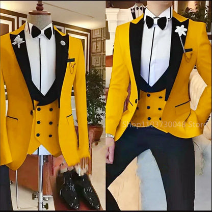 Latest Solid Formal Men's Wedding Suit Slim Fit Elegant Groom Tuxedos Business Party Suits 3 Pieces Sets (Jacket+Vest+Pants)
