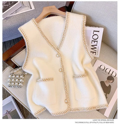 Spring And Autumn Annals Female New V-neck Knitted Mink Velvet Vest Women Xiaoxiangfeng Sweater V-neck Vest Shoulder Tops Jacket