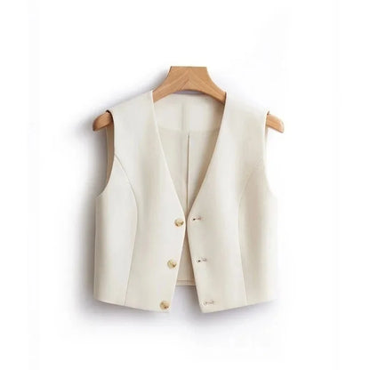 Women Fashion Leisure V-neck Lined Waistcoat Korean Female Short Suit Sleeveless Spring Autumn Lady Solid Color Blazer Vest Tops