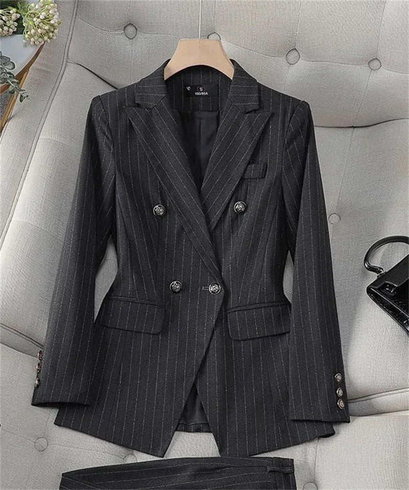 Fashion Autumn Winter Ladies Pant Suit Women Blue Striped Female Business Work Wear Jacket Blazer and Trouser Formal 2 Piece Set