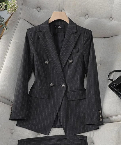 Fashion Autumn Winter Ladies Pant Suit Women Blue Striped Female Business Work Wear Jacket Blazer and Trouser Formal 2 Piece Set