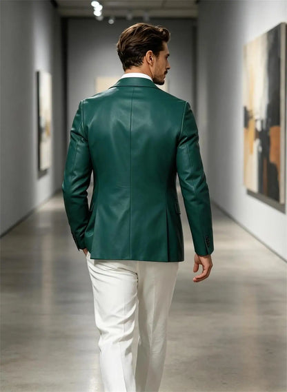 Men's Faux Leather Blazer Slim Fit 2 Button Notched Lapel Suit Jacket Business Formal Leather Sport Coat For Wedding Party