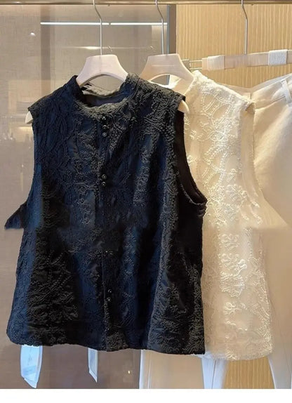 Women's New Chinese Lace Vest 2026 New Spring Summer  Stand Collar Sleeveless Jacket Ladies Vest Tops Waistcoat Outerwear