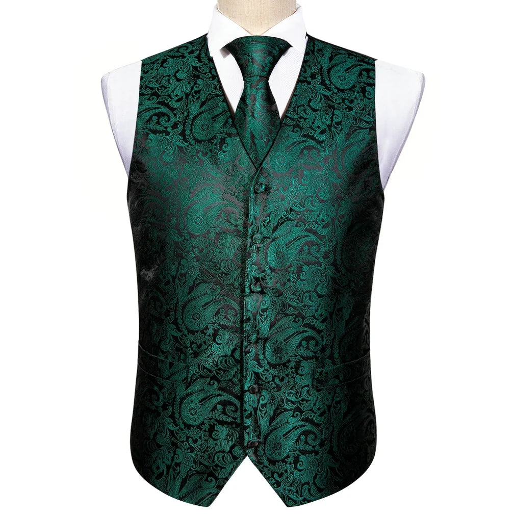 Men's Vest Paisley V-Neck Matching Set with Tie Pocket Square Cufflinks Ring Black Emerald Banquet