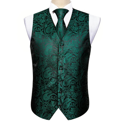 Men's Vest Paisley V-Neck Matching Set with Tie Pocket Square Cufflinks Ring Black Emerald Banquet