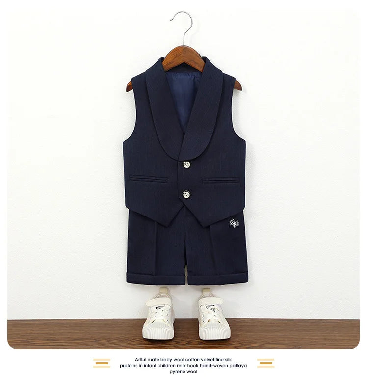 Boys' Summer British Style Suit Vest Set Flower Boy First Birthday Outfit Boys' Children's Day Host Piano Performance Costume