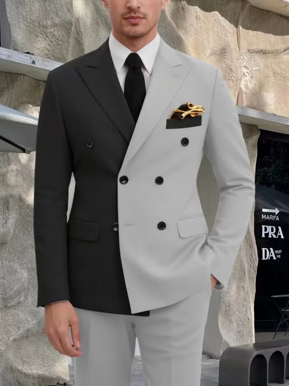 Fashion Contrast Man Suit Set 2 Pieces Jacket Pants Stage Performance Wear Premium Double Breasted Men's Tuxedo For Wedding