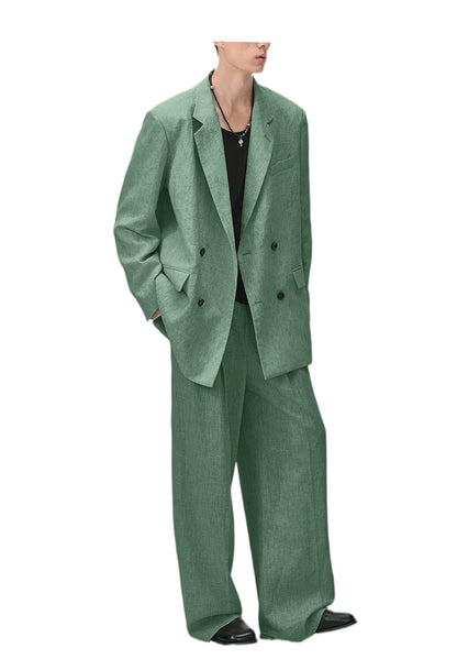 Men's Linen Double Breasted Suit – Slim Fit 2-Piece Blazer & Straight Leg Pants for Summer Weddings & Business