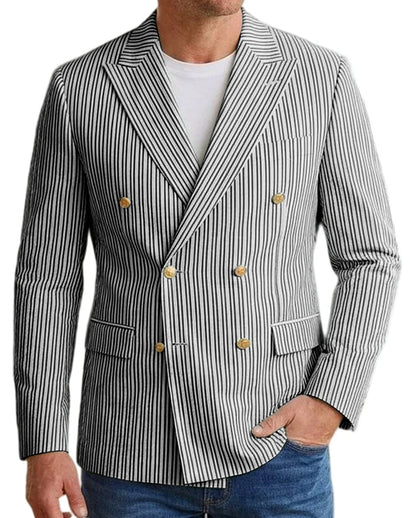 Vintage Men's Striped Double Breasted Blazer Casual Business Suit Jacket Lightweight Notched Lapel Sport Coat Wedding Party Wear