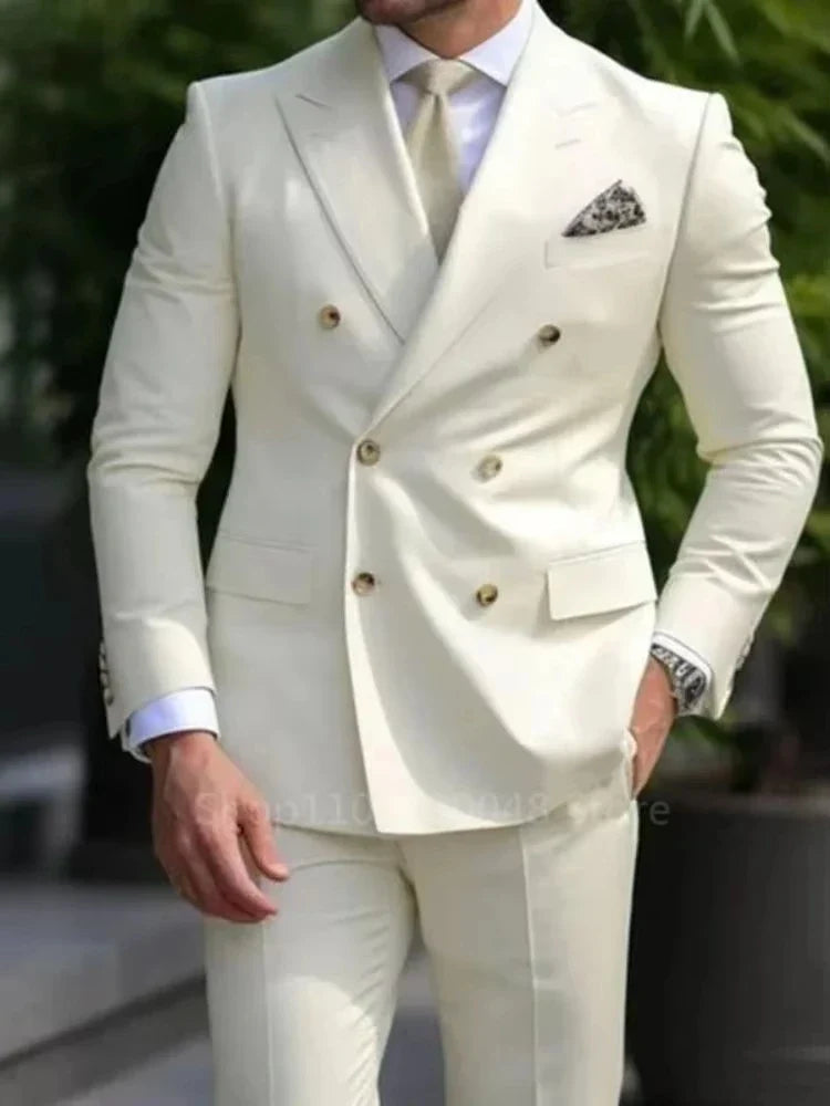 Men's 2-Piece Double Breasted Slim Fit Suit Jacket and Pants for Wedding and Formal Occasions