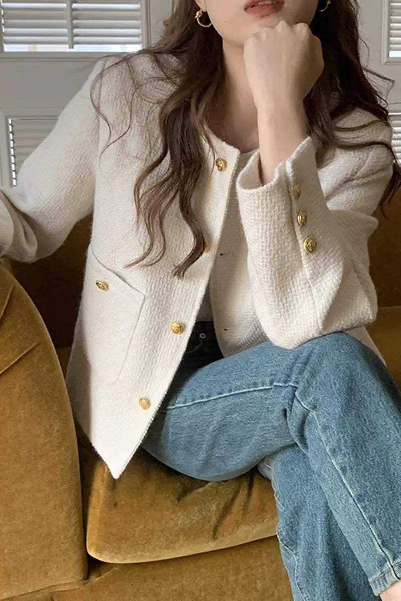 Women's Slim Fit Blazer Autumn Mid-Length Lapel Coat Contrast Cuff Detail Elegant Office & Commute Outerwear