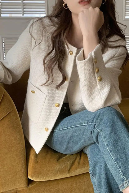 Women's Slim Fit Blazer Autumn Mid-Length Lapel Coat Contrast Cuff Detail Elegant Office & Commute Outerwear