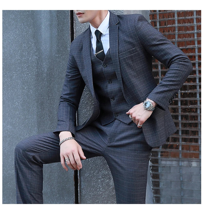 Men's Autumn Winter Trendy Three-Piece Suit Set Slim Fit Stylish Vest Trousers Ensemble Handsome Personality Wardrobe Essential