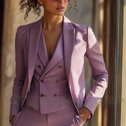 Solid Color Elegant Women's Pants Set Three Pieces Regular Fitted Peaked Lapel Tailored Chic Female Clothes(Jacket+Pants+Vest)