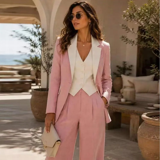 Pink And Ivory Formal Business Women Suit Wedding Party Prom Ladies Mother Girl Tuxedos Costume 3 Piece Set Blazer Vest Pants