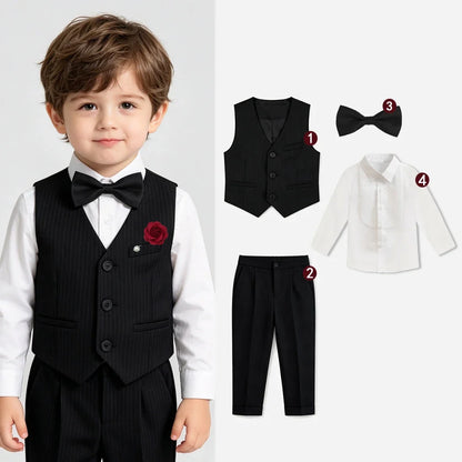 Boys Stripe Wedding Suit Set Kids Gentleman Costume Blazer Vest Pants Bow Tie Outfit for Banquet Christening Formal Party