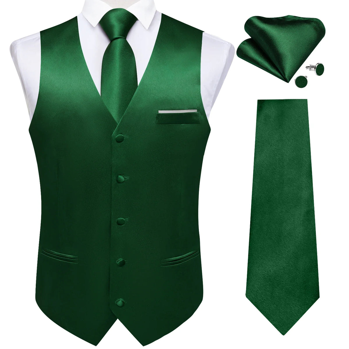 Men's Satin Suit Vest Set with Tie Handkerchief and Cufflinks for Wedding and Prom