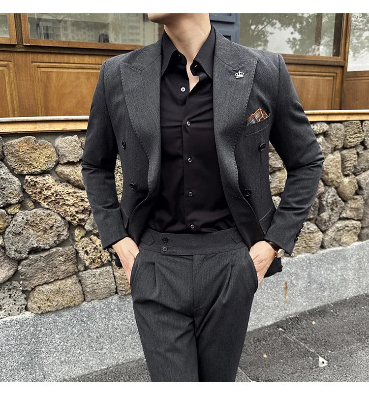 (Blazer + Trousers) Fashion Double Breasted Design Slim Men's Suit Italian Style Luxury Wedding Social Party Tuxedo 2 Piece Set