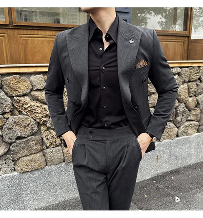 (Blazer + Trousers) Fashion Double Breasted Design Slim Men's Suit Italian Style Luxury Wedding Social Party Tuxedo 2 Piece Set