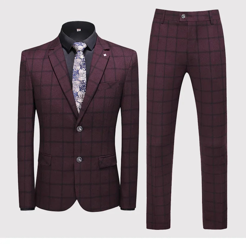 Men's Suit Set – Blazer, Vest & Trousers – British Grid Smart Casual for Business & Weddings