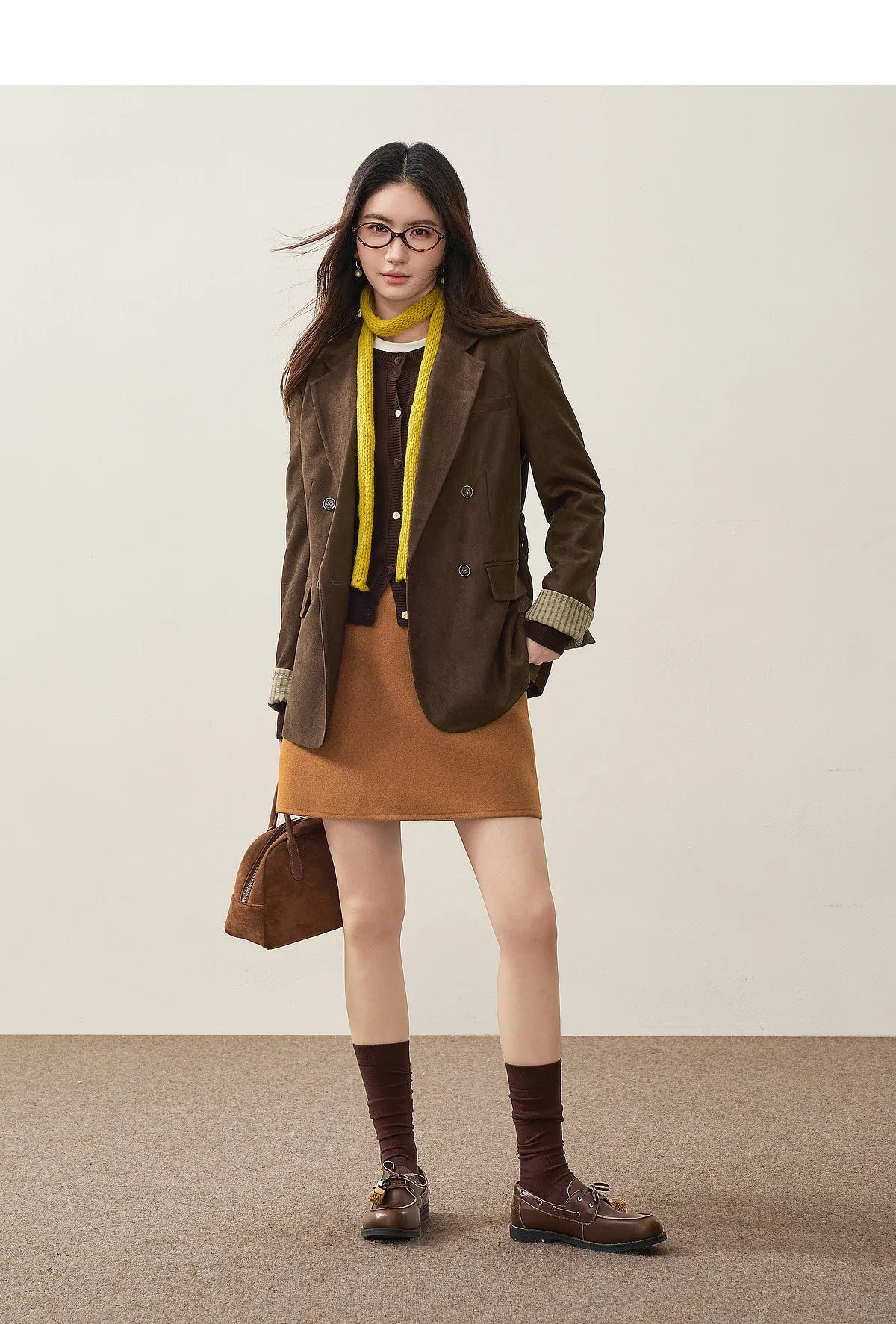 Women's Suede Casual Blazer Notched Lapel Loose Mid Length Outerwear 2026 Autumn New Brown Ladies Coat W63XC8300