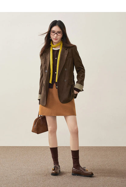 Women's Suede Casual Blazer Notched Lapel Loose Mid Length Outerwear 2026 Autumn New Brown Ladies Coat W63XC8300