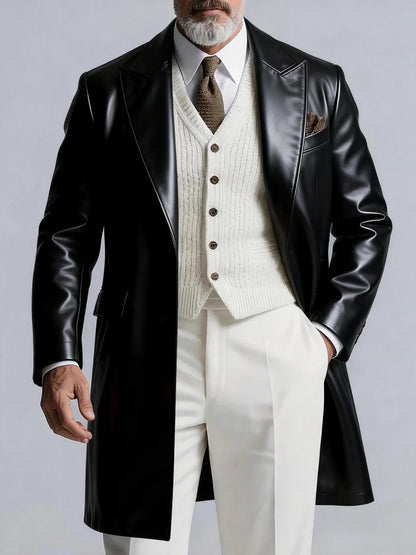Mens PU Leather Notch Lapel Open Front Mid Long Overcoat Slim Fit Business Trench Coat Men Fashion Outerwear