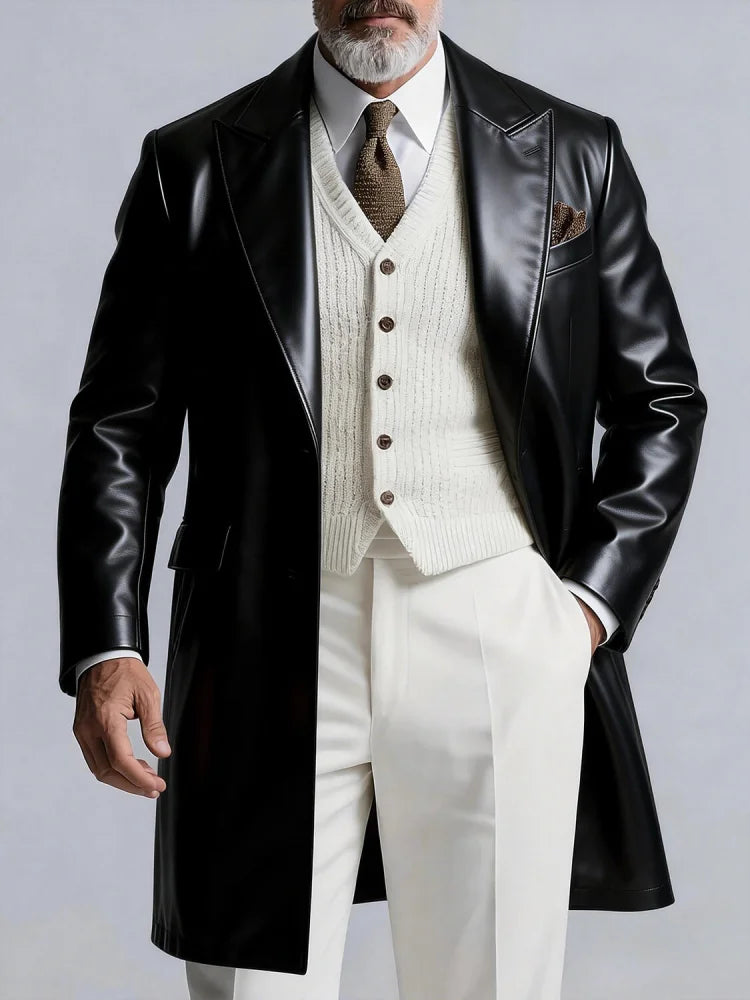 Mens PU Leather Notch Lapel Open Front Mid Long Overcoat Slim Fit Business Trench Coat Men Fashion Outerwear