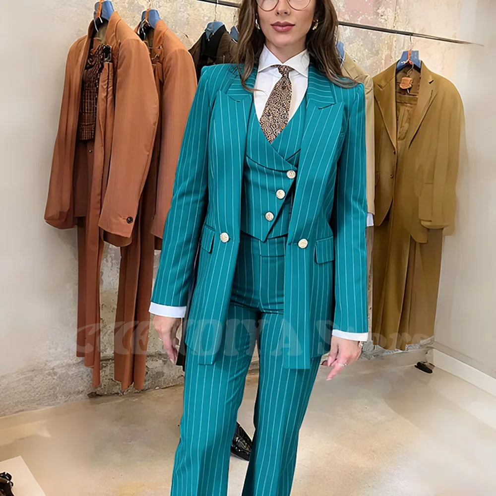 Navy Blue Striped Suit For Women Stylish Single Button Peak Lapel Elegant Outfit Business Meeting Office Formal Set Three Pieces