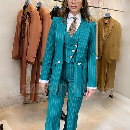 Navy Blue Striped Suit For Women Stylish Single Button Peak Lapel Elegant Outfit Business Meeting Office Formal Set Three Pieces
