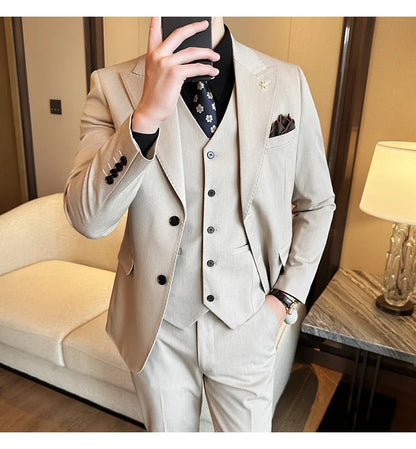 (Blazer + Vest + Trousers) 2024 New Men Formal Business Solid Suit 3 Pieces Set Italian Style Luxury Wedding Social Party Tuxedo