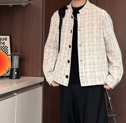 Men's Spring High-End Plaid Blazer Bad Boy Style Cropped Jacket Chinese Stand Collar Suit Outerwear