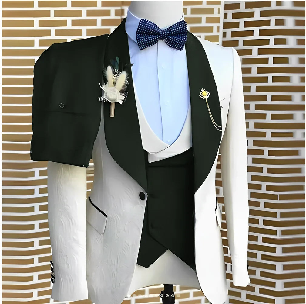 White Jacquard Elegant suits Men For Wedding Formal Jacket Vest Pants 3 Pieces Groomsman Tuxedos Tailored Male Fashion Clothing