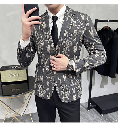 High-end Luxury Printed Slim Fit Suit Jacket For Men 2024 Autumn New Fashion Social Party Casual Suit Coat Swallowtail 4XL-M