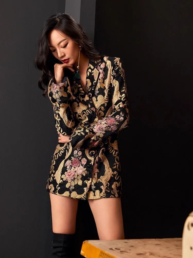 Vintage Women Slim Fit Single Breasted Floral Jacquard Long Blazer Jacket Stage Show Suit Coat Autumn New OL Party Outwear Coat