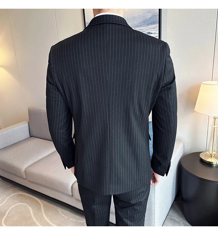 (Jacket + Vest + Pants)Three Piece Set Men Blazers Set stripe Suits Busines Casual Slim Fit Formal Dress Groom Tuxedo Wedding