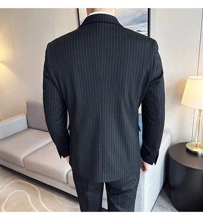 (Jacket + Vest + Pants)Three Piece Set Men Blazers Set stripe Suits Busines Casual Slim Fit Formal Dress Groom Tuxedo Wedding