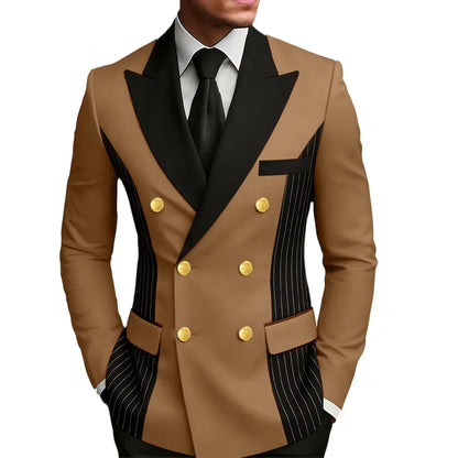 Men's Double Breasted Blazer Striped Patchwork Peak Lapel Slim Fit Formal Wedding Suit Jacket
