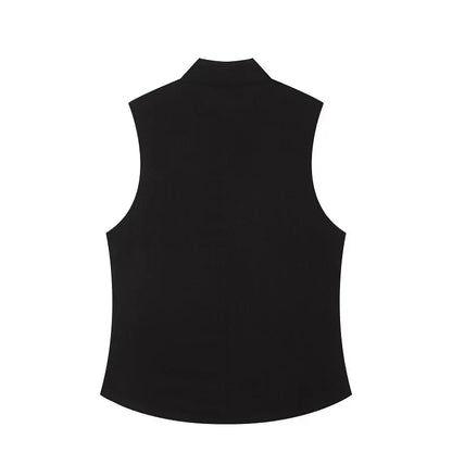 Button Up Vest Tops For Women Sleeveless Office Wear Khaki Crop Black Top Slim Fit Casual Waistcoat Top Zip Up Women’s Tops