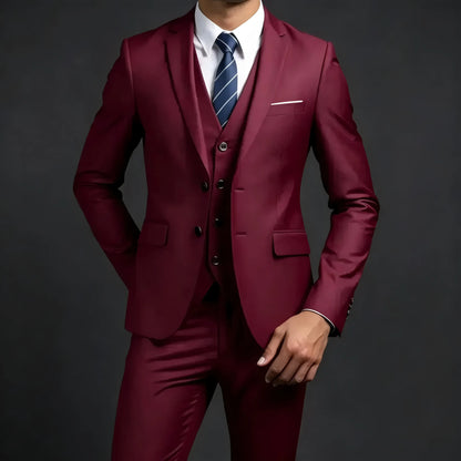 Men's Solid Color 3 PCS Business Suit Set High Quality Blazer Jacket Vest Trousers Wedding Banquet Groom Best Man Formal Outfit