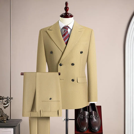 Men's Double Breasted Ice Silk Three-Piece Suit – Slim Fit Smart Casual Set for Wedding & Business