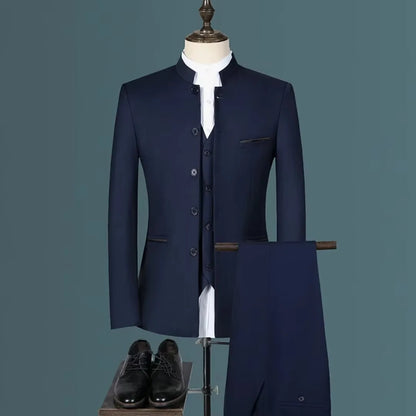 Ensemble de costume classique pour homme, smoking d'affaires chinois, revers montagne, 3 pièces, de haute qualité, pour mariage ou soirée, blazer + pantalon