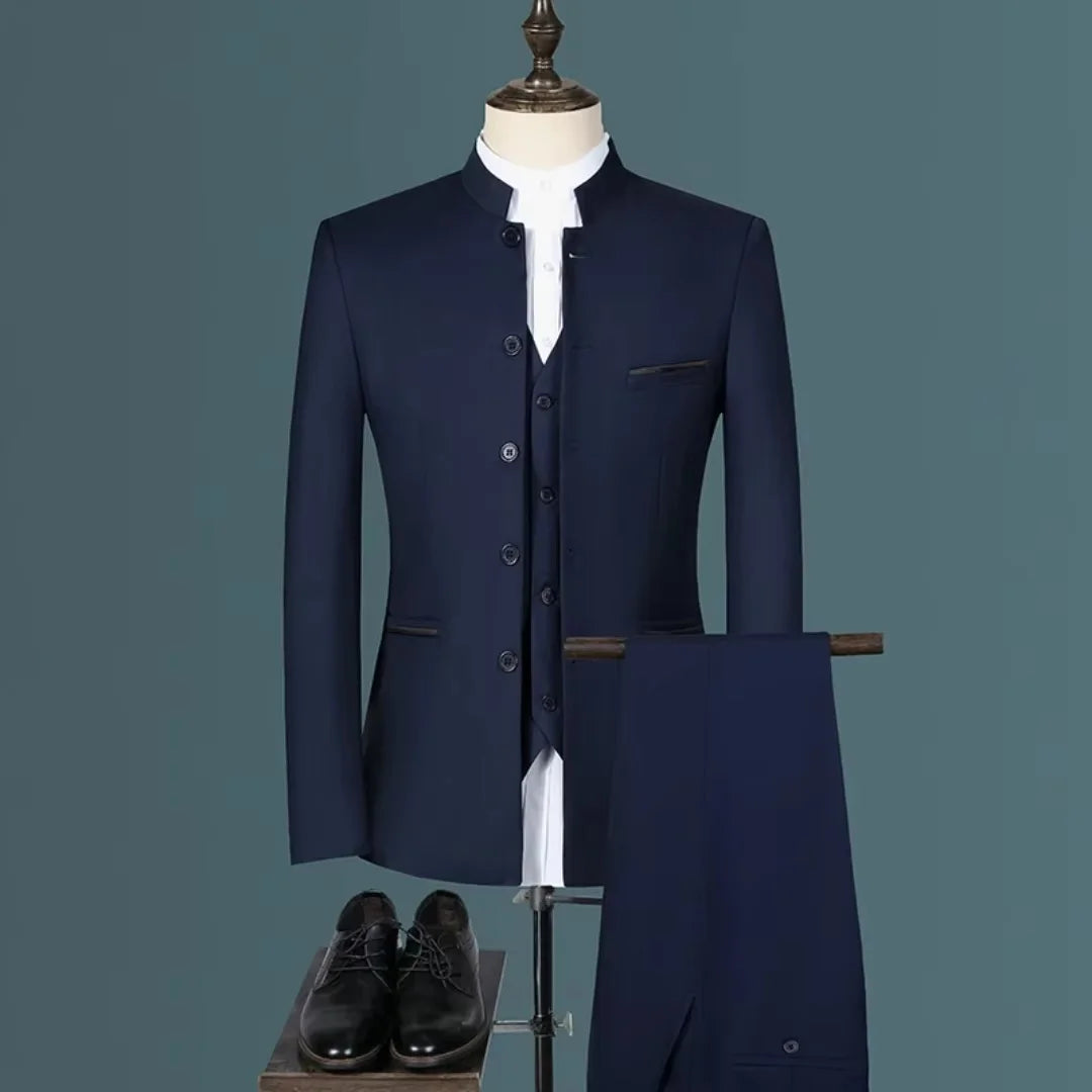 Ensemble de costume classique pour homme, smoking d'affaires chinois, revers montagne, 3 pièces, de haute qualité, pour mariage ou soirée, blazer + pantalon