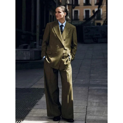 Green Stripes Women's Pants Sets Loose Two Pieces High-end Double Breasted Suits Office Work Fashion Outfits( Blazer+Trousers)